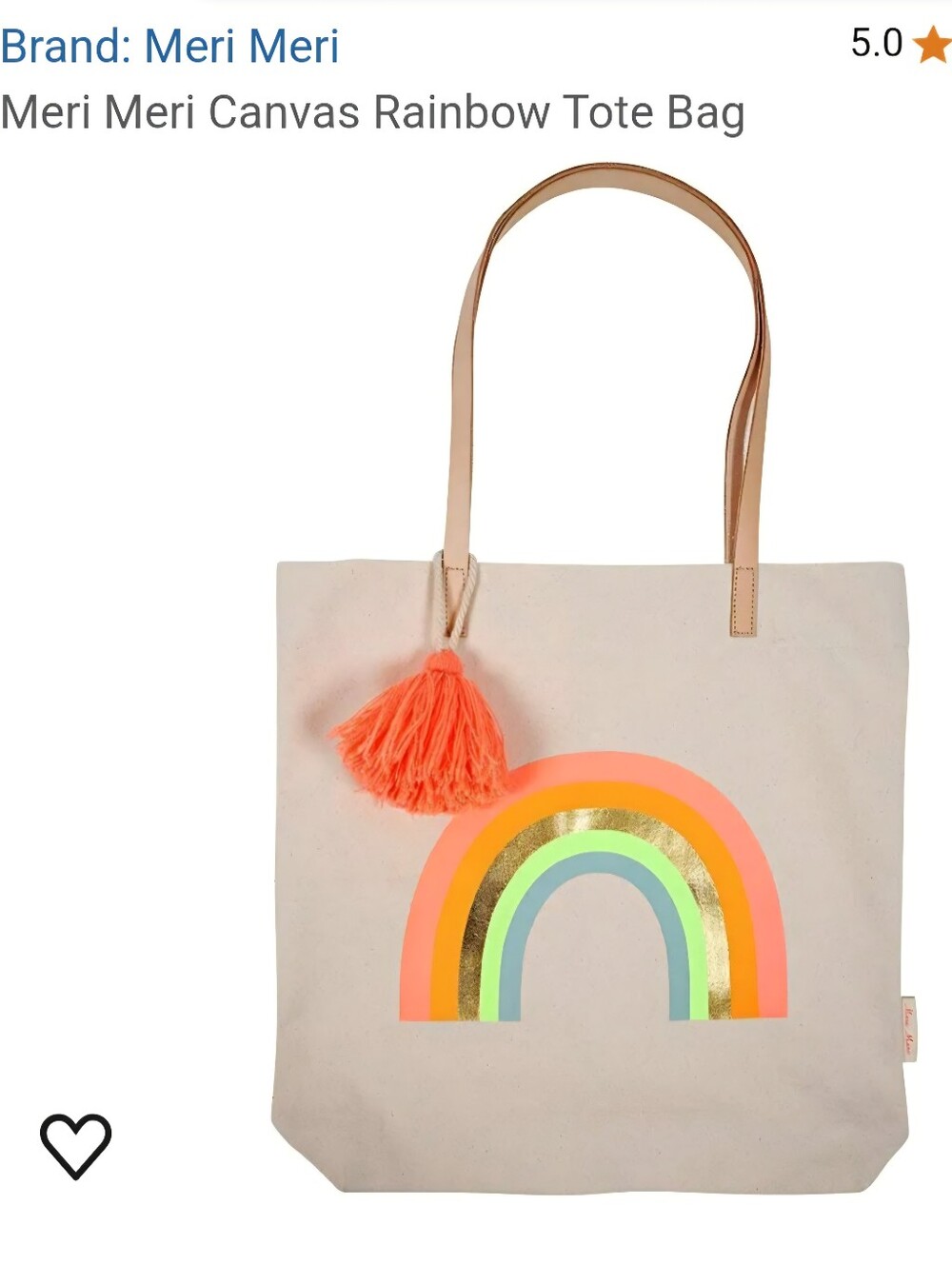 Meri Meri Rainbow Tote Bag W/Leather Straps, Natural/Rainbow - RARE